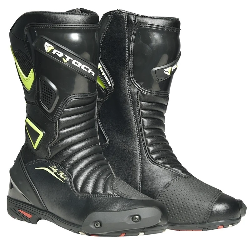 R-TECH PILOT LADY PIEL BOTAS DE MOT NEGRO AMARILLO FLUOR