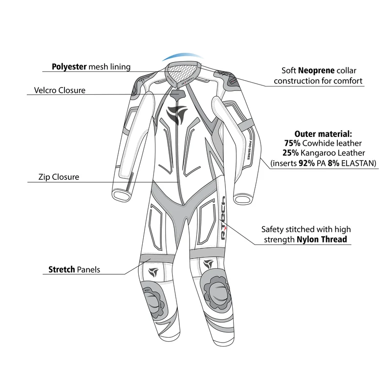 R-TECH RISING STAR 1 PC MONO DE MOTO HOMBRE NEGRO BLANCO