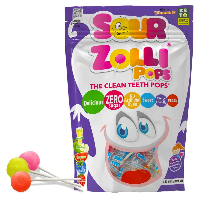 Zollipops Sugar-Free Lollipops – Tooth-Friendly Halloween Candy with Xylitol, Assorted Sour Fruit, 1lb Bag