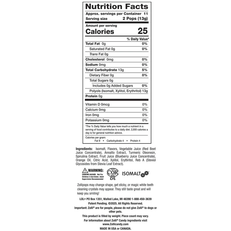 Zollipops Sugar-Free Lollipops – Tooth-Friendly Candy with Xylitol, Assorted Fruit, 3.1oz Bag
