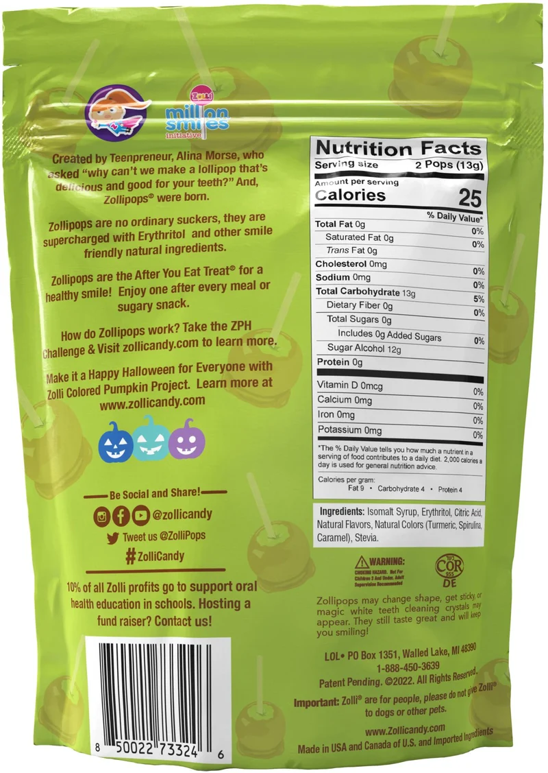 Halloween Zollipops® Sugar Free Lollipops Caramel & Green Apple 5.2 oz Pouch