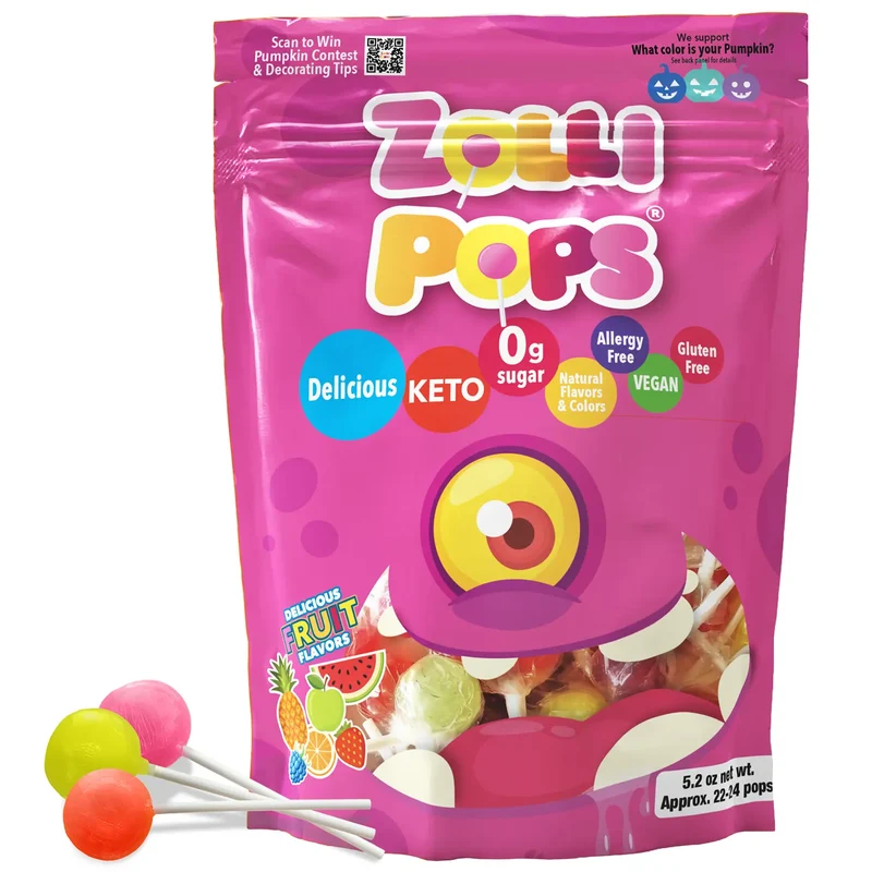 Halloween Zollipopz Sugar Free Lollipops Tropical Fruit 5.2oz Pouch
