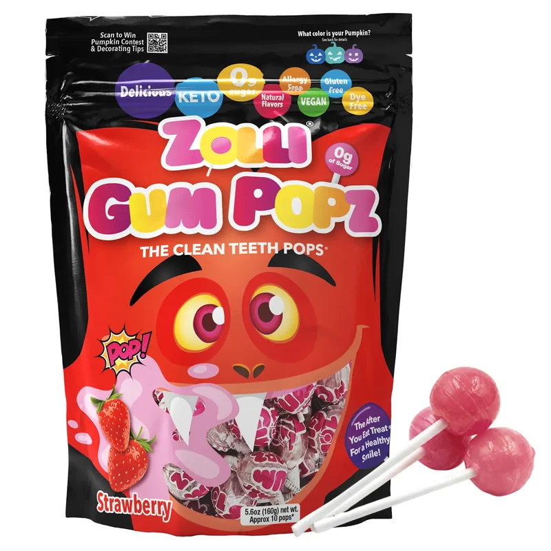 Zolli Candy Sugar-Free Gum Popz - Strawberry Lollipops, Tooth-Friendly Halloween Candy, 5.6 oz Bag Learning Batch #27