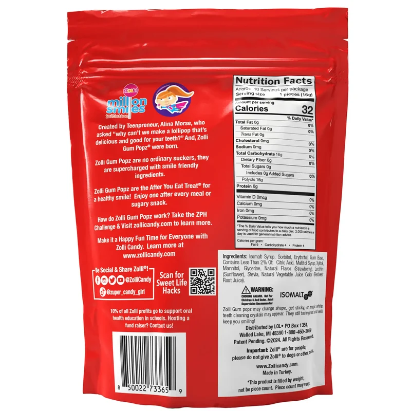 Zolli Candy Sugar-Free Gum Popz - Strawberry Lollipops, Tooth-Friendly Halloween Candy, 5.6 oz Bag Learning Batch #27