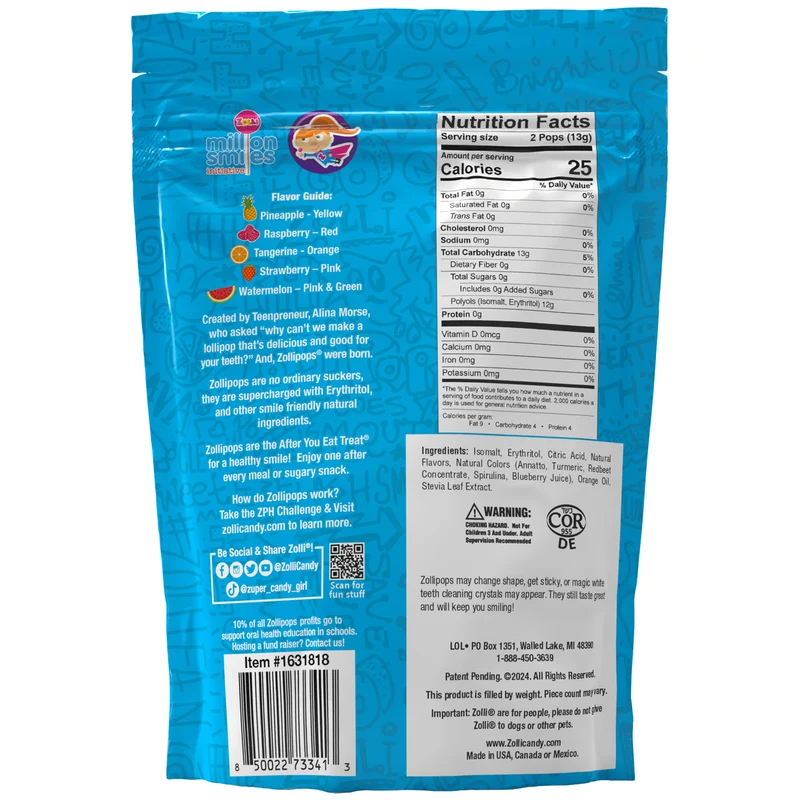 Zollipops Sugar-Free Lollipops – Tooth-Friendly Candy with Xylitol, Assorted Fruit, 1lb Bag