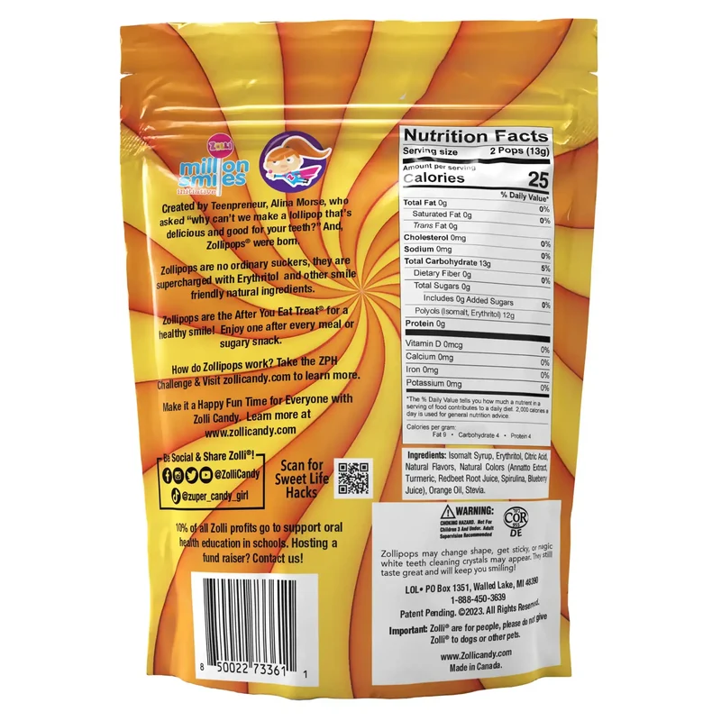 Zollipops Sugar-Free Lollipops – Tooth-Friendly Candy, Pineapple & Orange Swirl, 5.2oz Bag