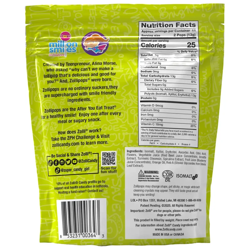 Zollipops Sugar-Free Lollipops – Tooth-Friendly Candy with Xylitol, Assorted Sour Fruit, 5.2oz Bag