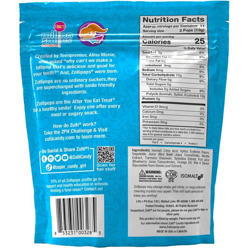 Zollipops Sugar-Free Lollipops – Tooth-Friendly Candy with Xylitol, Assorted Fruit, 5.2oz Bag