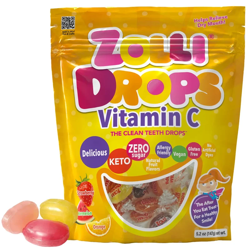 Vitamin C Zolli Drops Sugar-Free Hard Candy – Tooth-Friendly Candy with Xylitol, Assorted Fruit, 5.2oz Bag