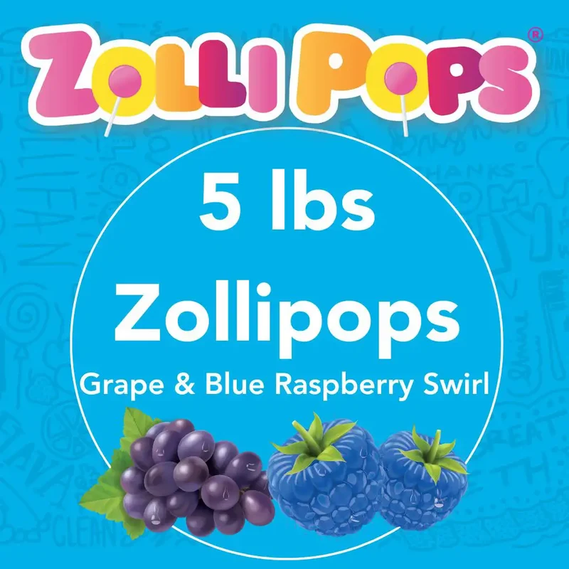 Bulk Zollipops® Sugar Free Lollipops Grape & Blue Raspberry Flavor 5 lbs