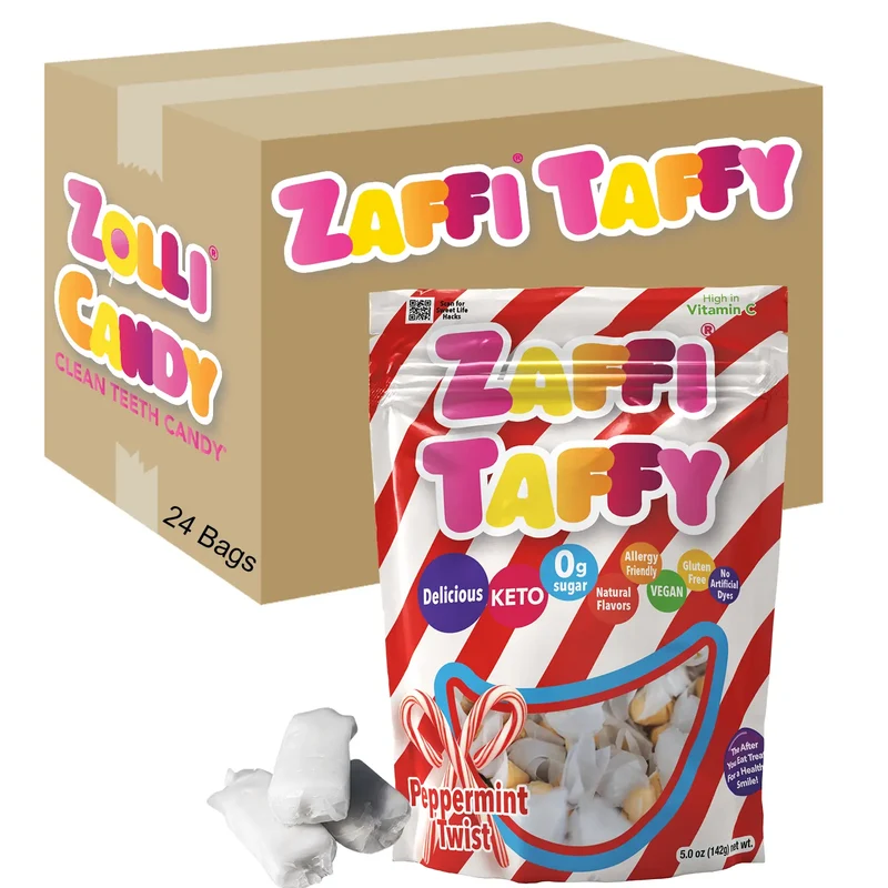 Case Zaffi® Taffy Sugar Free Peppermint Twist 5 oz. Pouches - 24/case