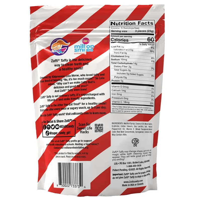 Case Zaffi® Taffy Sugar Free Peppermint Twist 5 oz. Pouches - 24/case