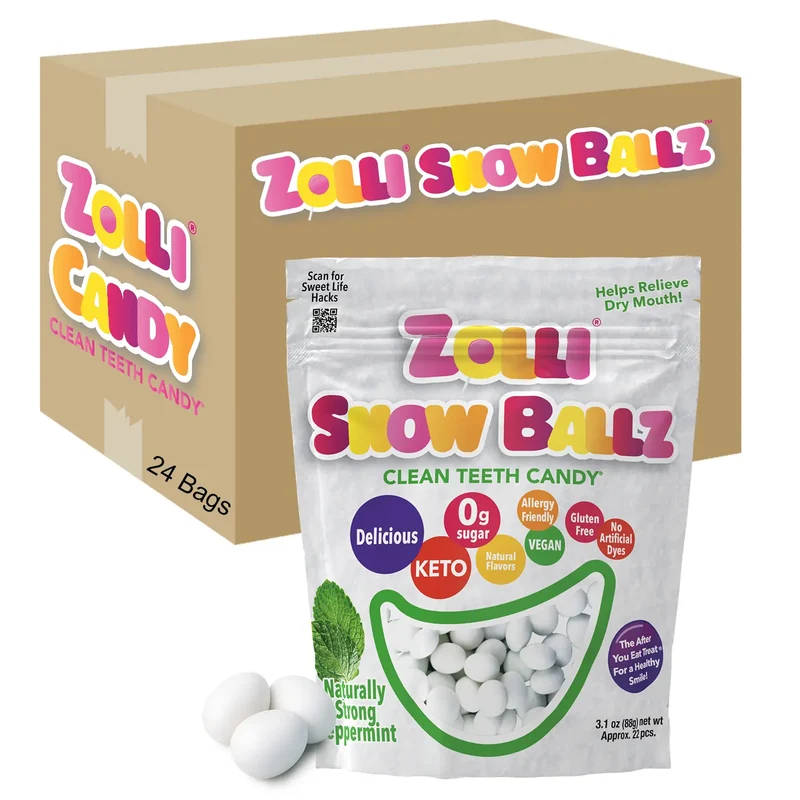 Zolli Snow Ballz Sugar-Free Hard Candy Mints – Tooth-Friendly Candy, Peppermint, 24 x 3.1oz Bags
