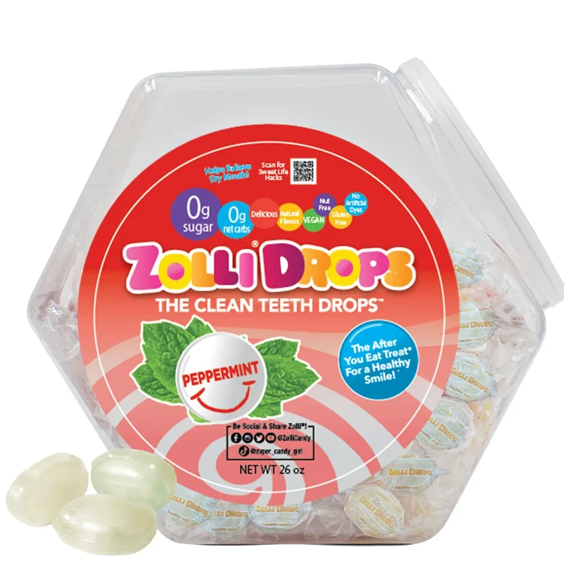 Zolli Drops Sugar-Free Hard Candy – Tooth-Friendly Candy with Xylitol, Peppermint, 26oz Jar