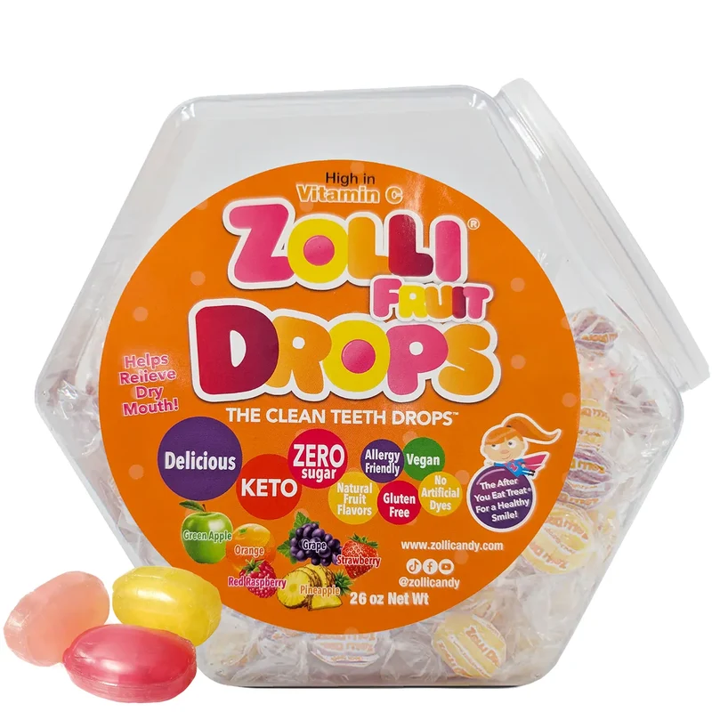 Zolli Drops Sugar-Free Hard Candy – Tooth-Friendly Candy with Xylitol, Assorted Fruit, 26oz Jar
