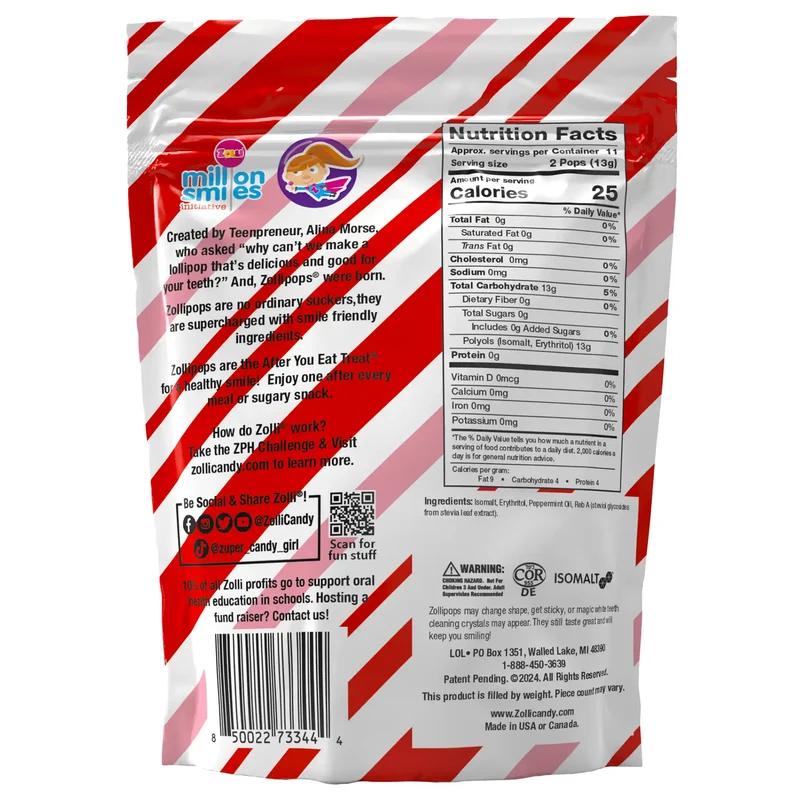 Zollipops Sugar-Free Lollipops – Tooth-Friendly Candy, Peppermint, 5.2oz Bag