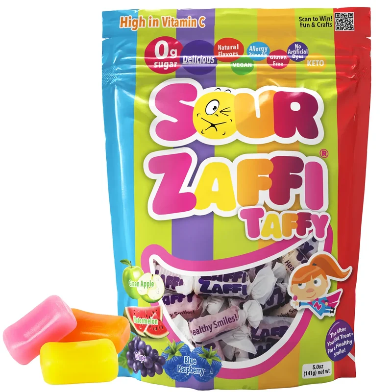 Sour Zaffi Taffy Sugar-Free Chewy Candy – Tooth-Friendly Candy, Assorted Sour Fruit, 5oz Bag