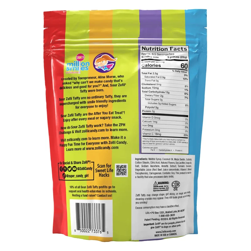 Sour Zaffi Taffy Sugar-Free Chewy Candy – Tooth-Friendly Candy, Assorted Sour Fruit, 5oz Bag
