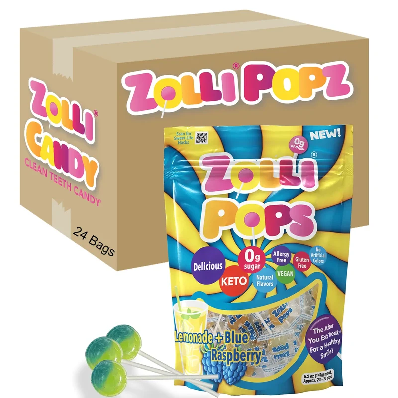 Case Zollipops® Sugar Free Lollipops Lemonade & Blue Raspberry 5.2oz Pouches - 24/case
