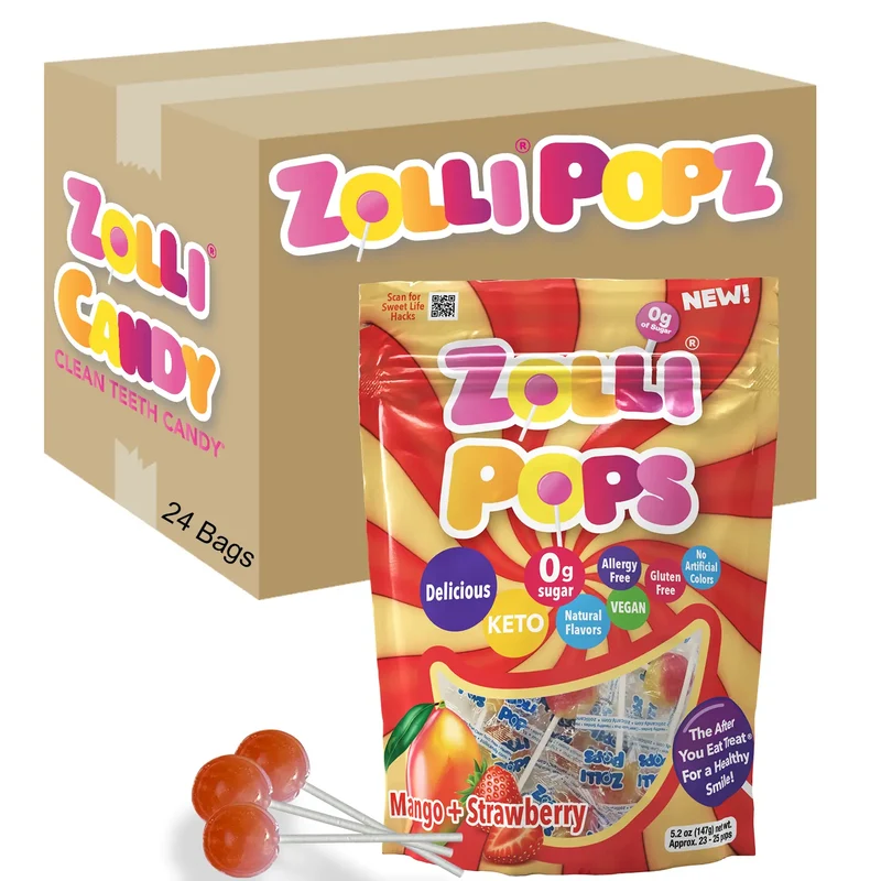Case Zollipops® Sugar Free Lollipops Mango Strawberry 5.2oz Pouches - 24/case