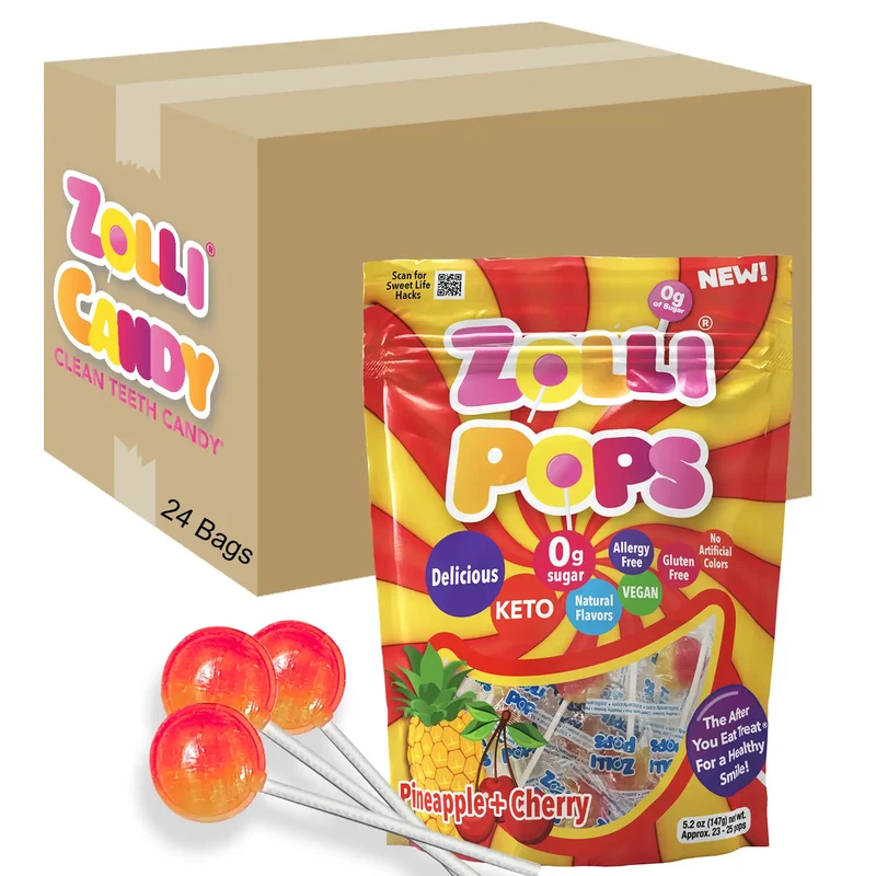 Case Zollipops® Sugar Free Lollipops Cherry Pineapple 5.2oz Pouches - 24/case