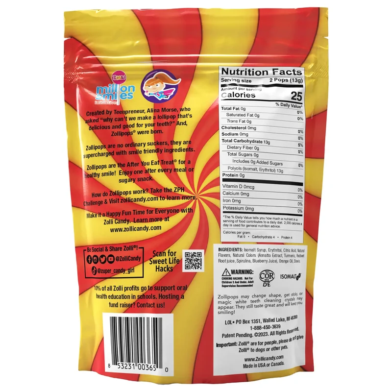 Case Zollipops® Sugar Free Lollipops Cherry Pineapple 5.2oz Pouches - 24/case