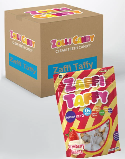 Case Zaffi® Taffy Sugar Free Taffy Strawberry Banana 5.2oz Pouches - 24/case