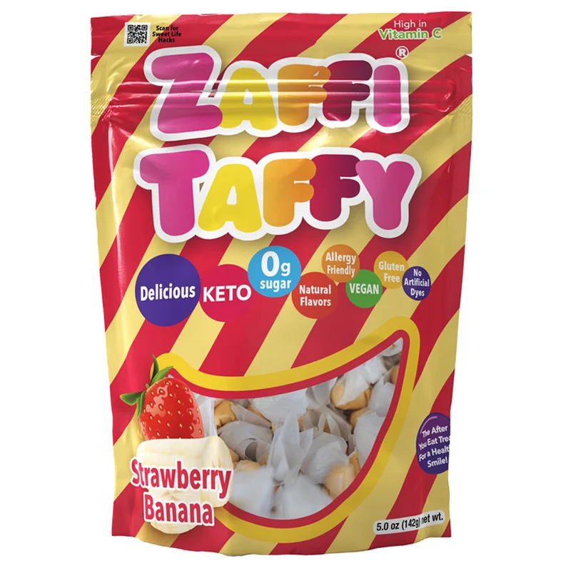 Case Zaffi® Taffy Sugar Free Taffy Strawberry Banana 5.2oz Pouches - 24/case