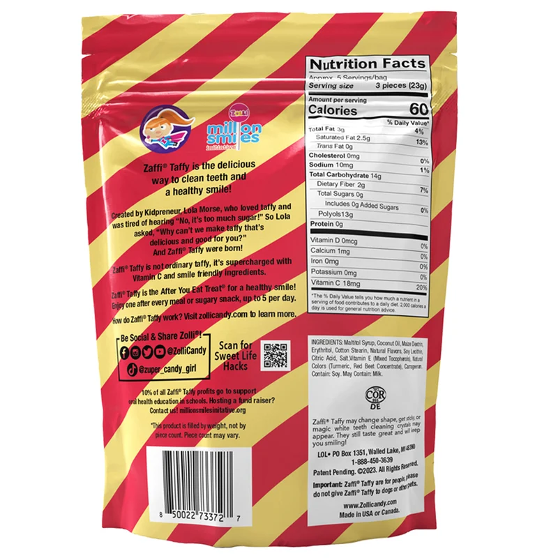 Case Zaffi® Taffy Sugar Free Taffy Strawberry Banana 5.2oz Pouches - 24/case