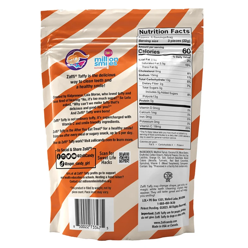 Case Zaffi® Taffy Sugar Free Taffy Orange & Cream 5 oz. Pouches - 24/case