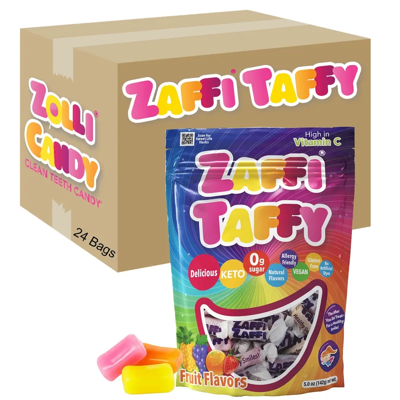 Case Zaffi® Taffy Sugar Free Taffy Fruit Flavor Assortment 5 oz. Pouches - 24/case
