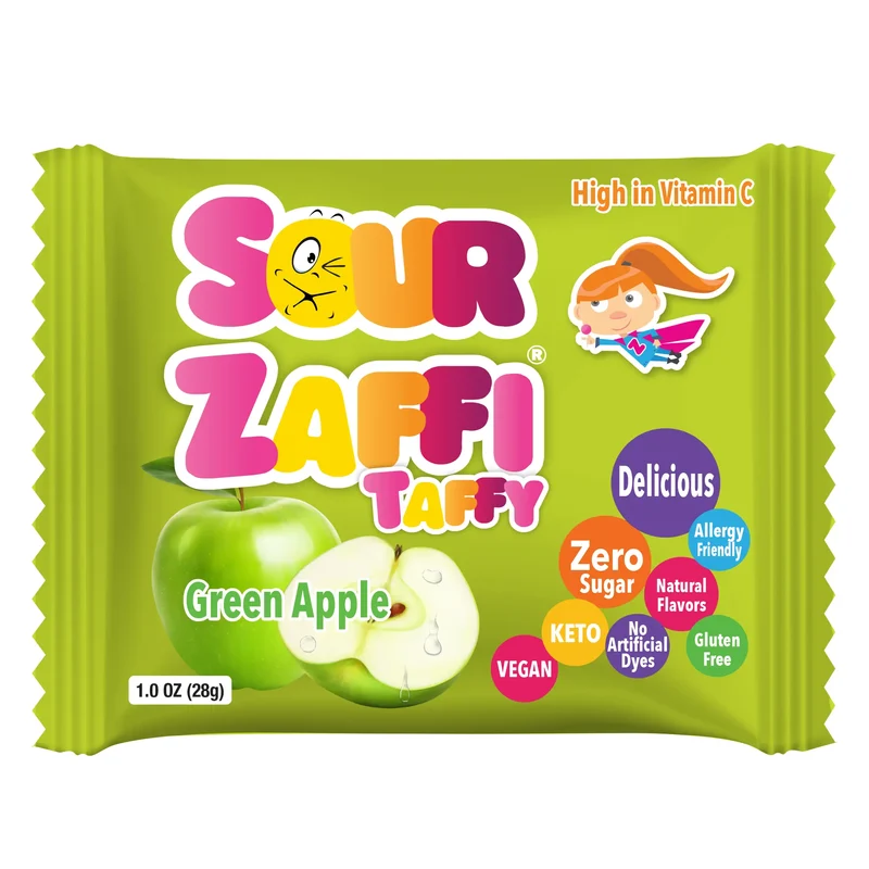 Sour Zaffi Taffy Sugar-Free Chewy Candy – Tooth-Friendly Green Apple Candy, 5 x 1oz Bars