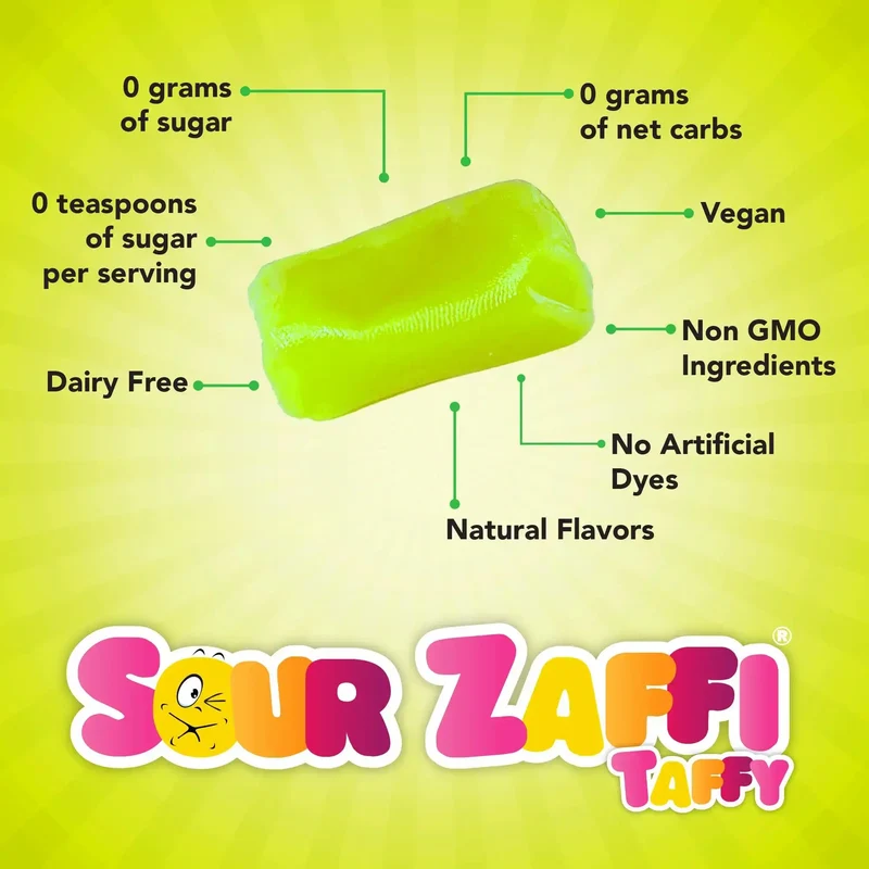 Sour Zaffi Taffy Sugar-Free Chewy Candy – Tooth-Friendly Green Apple Candy, 5 x 1oz Bars