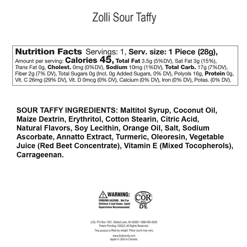 Sour Zaffi Taffy Sugar-Free Chewy Candy – Tooth-Friendly Assorted Fruit Candy, 4 x 1oz Bars