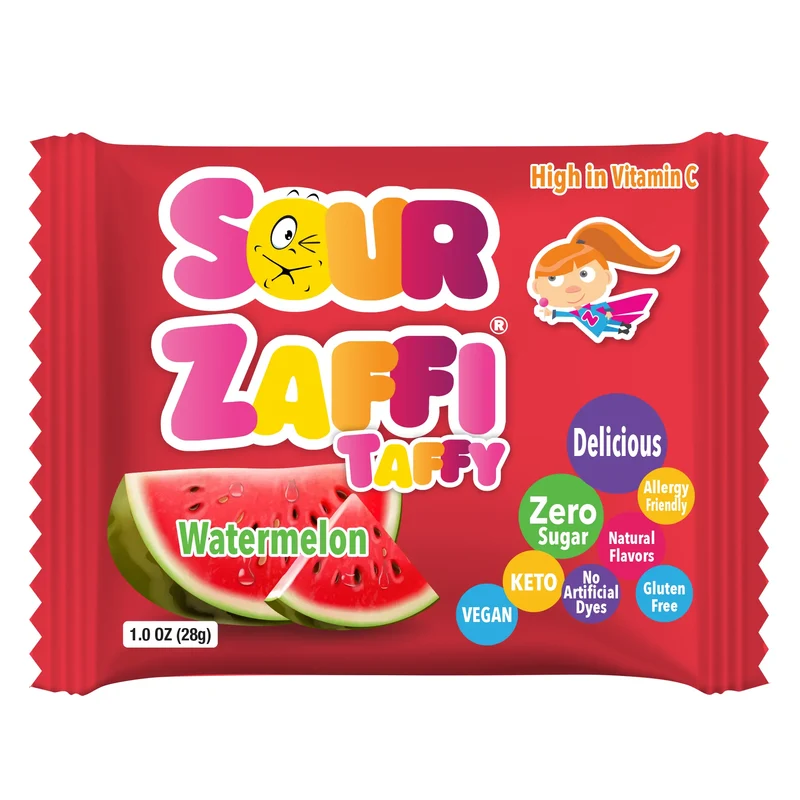 Sour Zaffi Taffy Sugar-Free Chewy Candy – Tooth-Friendly Watermelon Candy, 5 x 1oz Bars