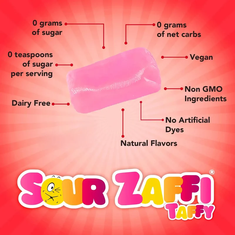 Sour Zaffi Taffy Sugar-Free Chewy Candy – Tooth-Friendly Watermelon Candy, 5 x 1oz Bars