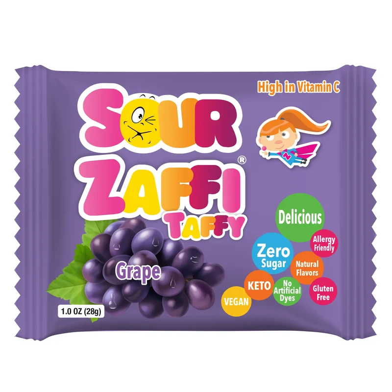 Sour Zaffi Taffy Sugar-Free Chewy Candy – Tooth-Friendly Grape Candy, 5 x 1oz Bars