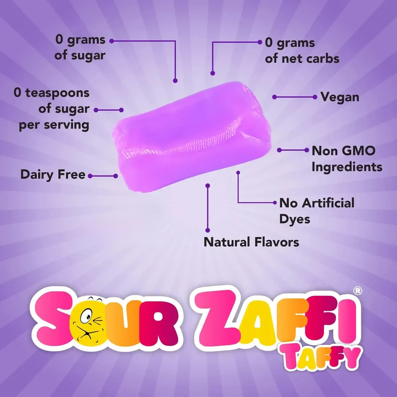 Sour Zaffi Taffy Sugar-Free Chewy Candy – Tooth-Friendly Grape Candy, 5 x 1oz Bars