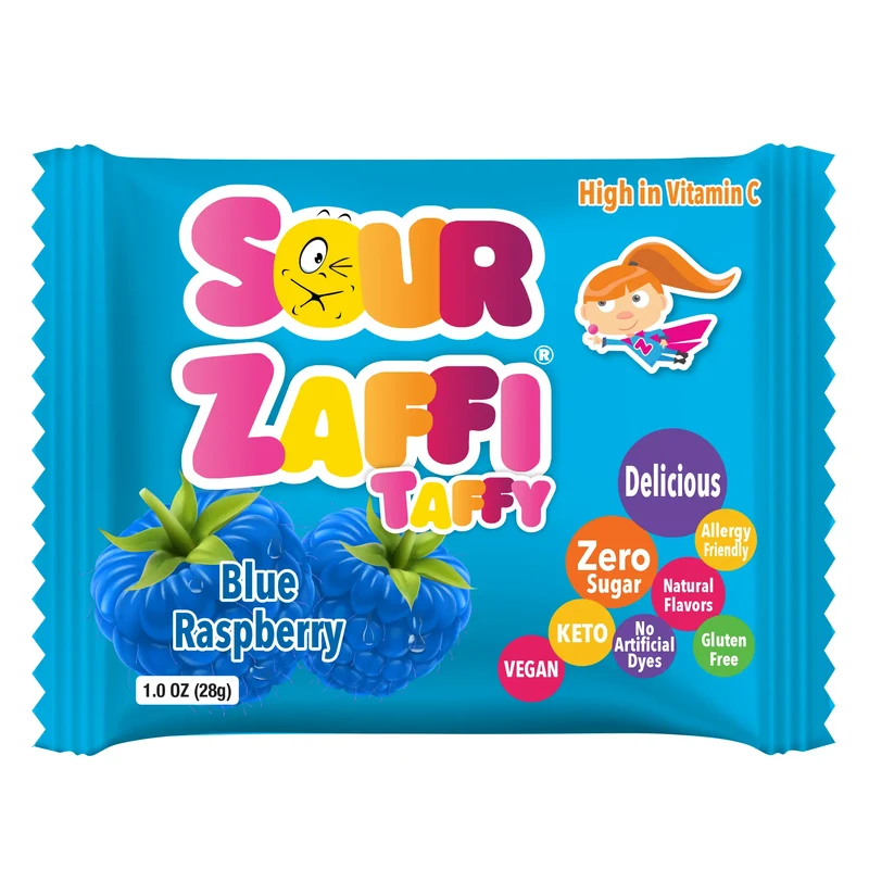 Sour Zaffi Taffy Sugar-Free Chewy Candy – Tooth-Friendly Blue Raspberry Candy, 5 x 1oz Bars