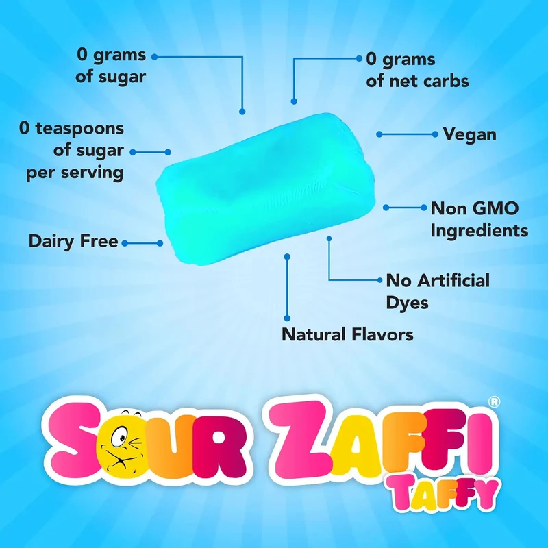 Sour Zaffi Taffy Sugar-Free Chewy Candy – Tooth-Friendly Assorted Fruit Candy, 4 x 1oz Bars
