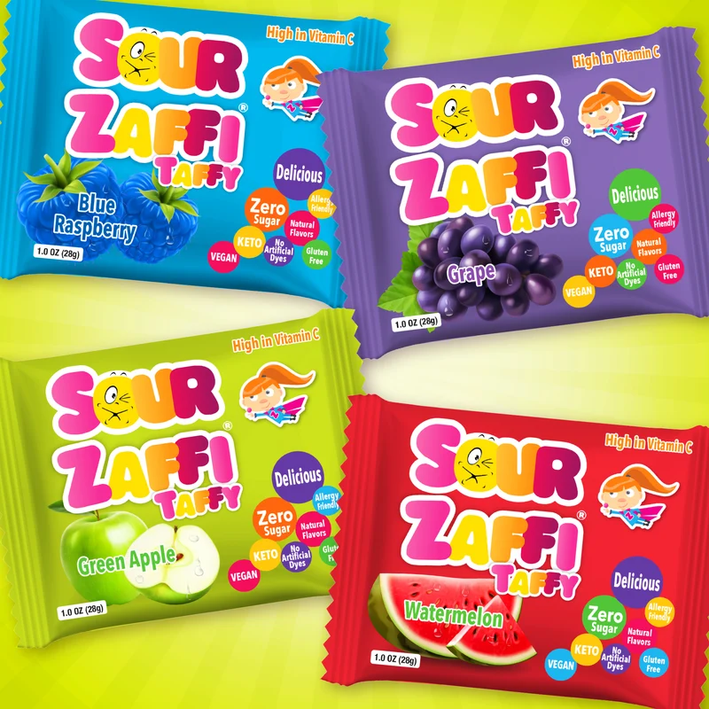 Sour Zaffi Taffy Sugar-Free Chewy Candy – Tooth-Friendly Assorted Fruit Candy, 4 x 1oz Bars