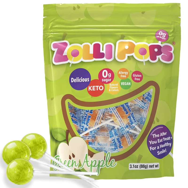 Zollipops Sugar-Free Lollipops – Tooth-Friendly Candy, Green Apple, 3.1oz Bag