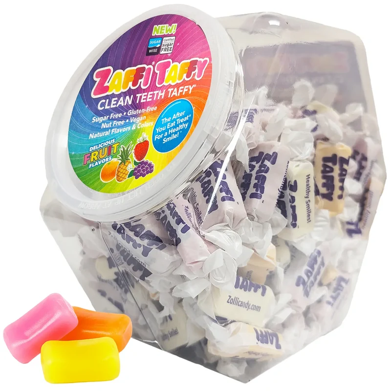 Zaffi Taffy Sugar-Free Chewy Candy – Tooth-Friendly Candy, Assorted Fruit, 32oz Jar