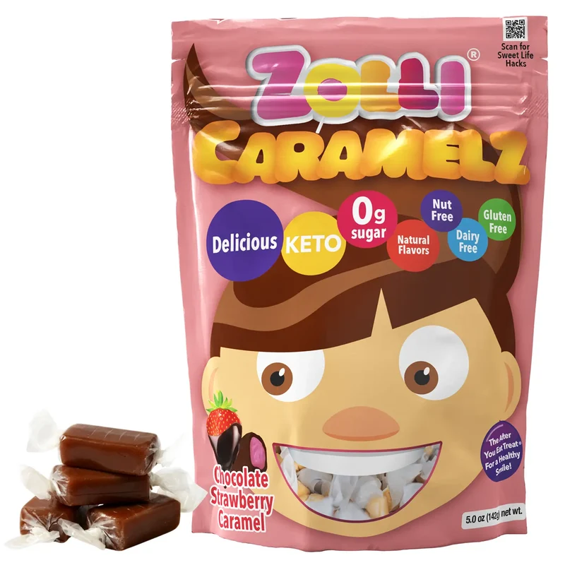 Zolli Caramelz Sugar-Free Caramels – Tooth-Friendly Chocolate Strawberry Caramel Candy, 5oz Bag