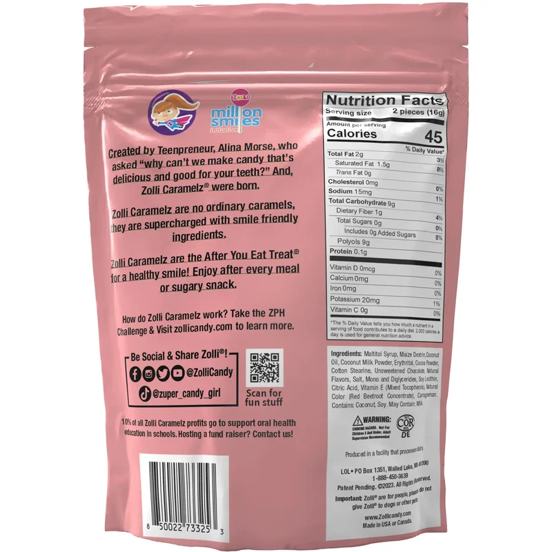 Zolli Caramelz Sugar-Free Caramels – Tooth-Friendly Chocolate Strawberry Caramel Candy, 5oz Bag