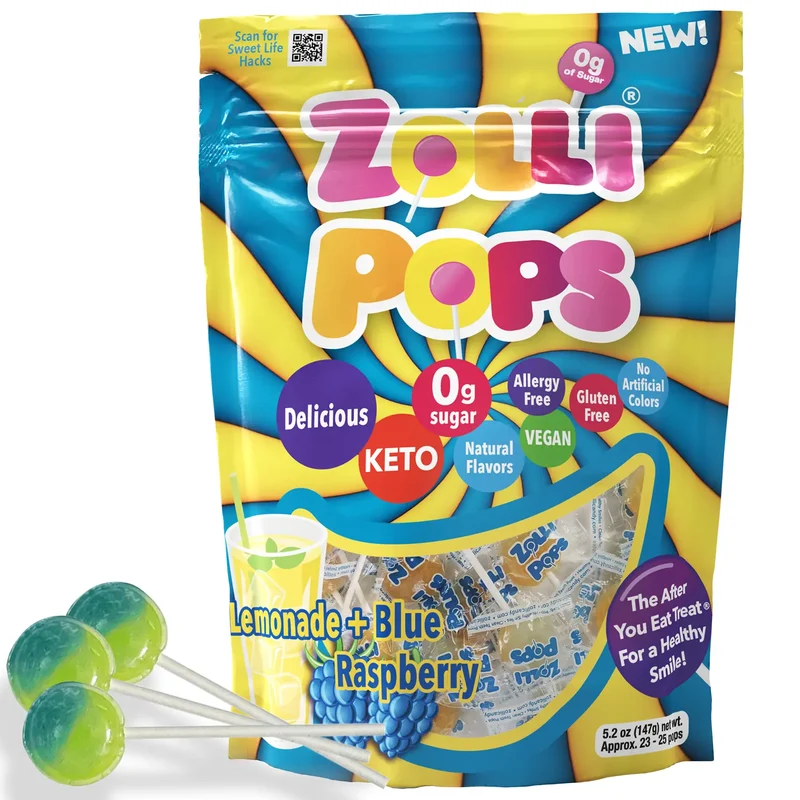Zollipops Sugar-Free Lollipops – Tooth-Friendly Candy with Xylitol, Lemonade & Blue Raspberry Swirl, 5.2oz Bag
