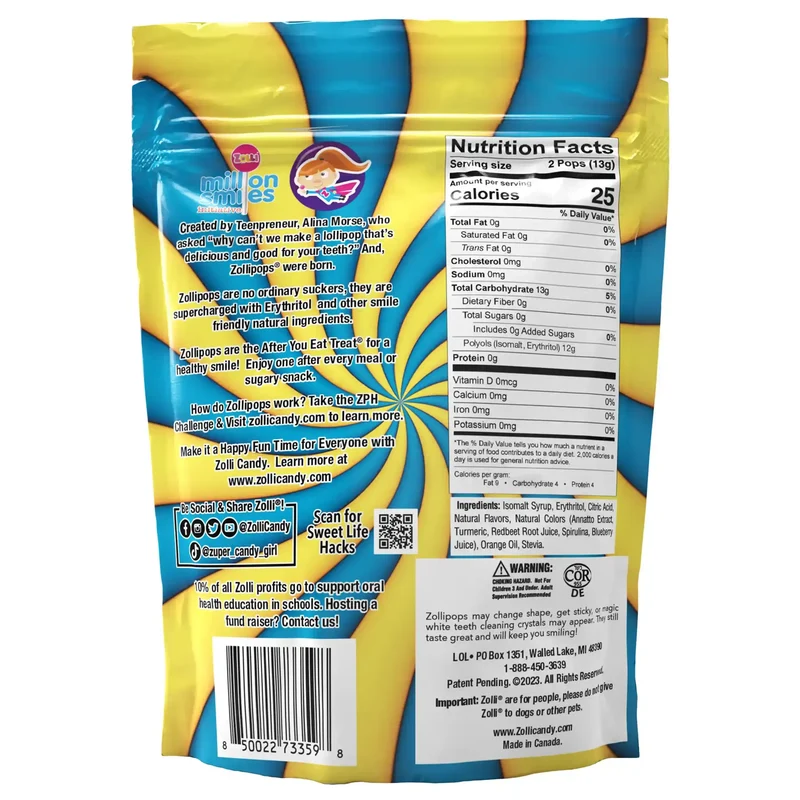 Zollipops Sugar-Free Lollipops – Tooth-Friendly Candy with Xylitol, Lemonade & Blue Raspberry Swirl, 5.2oz Bag