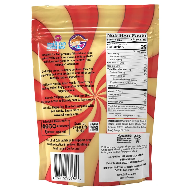 Zollipops Sugar-Free Lollipops – Tooth-Friendly Candy with Xylitol, Mango & Strawberry Swirl, 5.2oz Bag