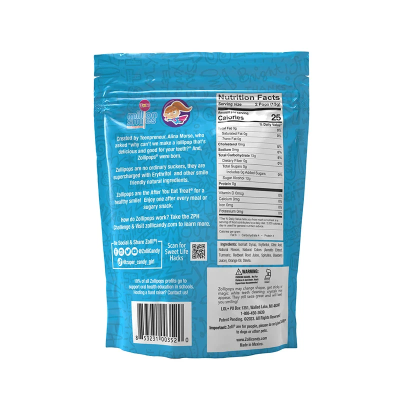 Zollipops® Original Clean Teeth Sugar Free Lollipops Assorted Fruit Flavors - 8 Pack of 1.6oz Bags