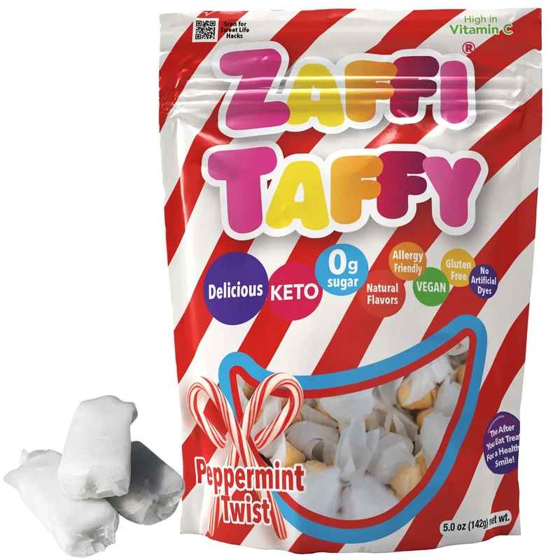 Zaffi Taffy Sugar-Free Chewy Candy – Tooth-Friendly Candy, Peppermint Twist, 5oz Bag